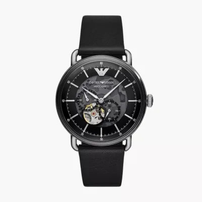 Emporio Armani Meccanico Skeleton Black Dial Black Leather Strap Watch For Men - AR60026